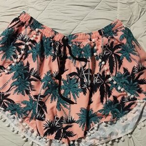 Tropical Palm Print Elastic Waist Shorts With White Poms,  2xl